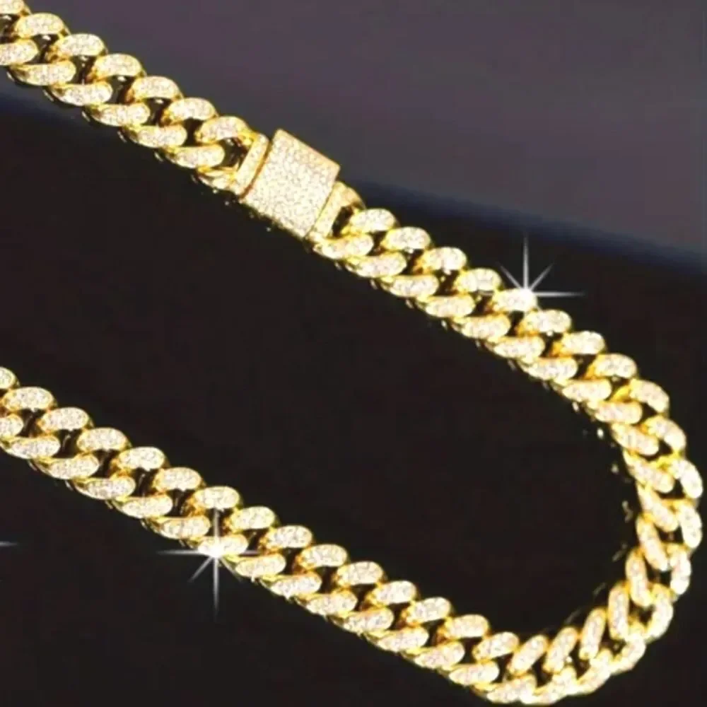 Men's Hip Hop 12mm Golden Cuban Link Chain Necklace with cubic zirconia Stones